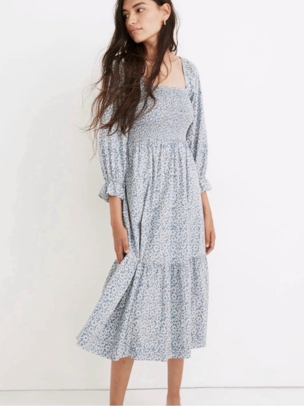 Madewell Lucie Elbow-Sleeve Smocked Midi Dress in Sunflower Field Size Large
